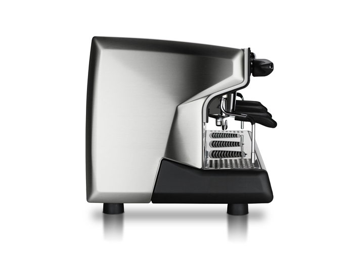This image is a side view of the Rancilio Classe 9 USB espresso machine in 3 groups at traditional height with volumetric dosing.