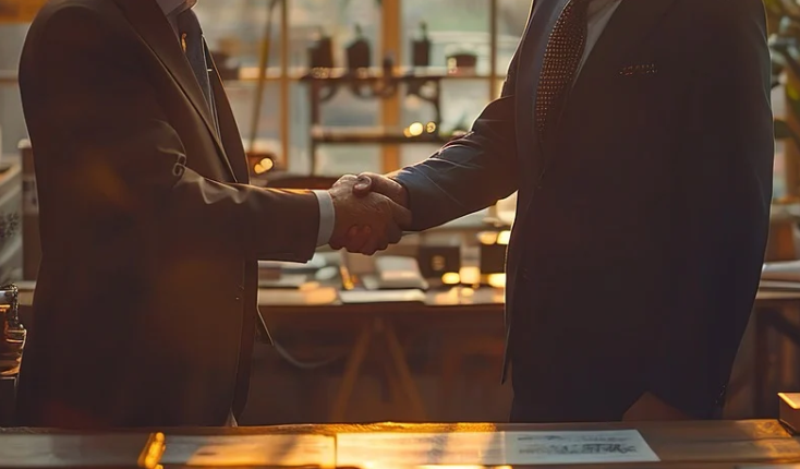 Two business men handshaking in office with a stream of light shinning in.